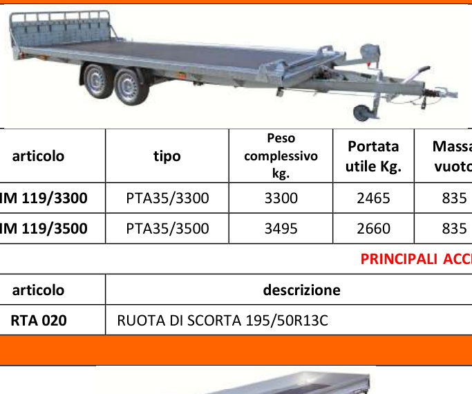Rimorchio PTA35 — Rampe — misure e prezzo